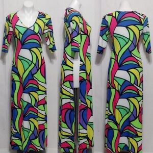Cleo Vtg Psychedelic Abstract Print Maxi Top L Waist High Side Slits Retro Glam